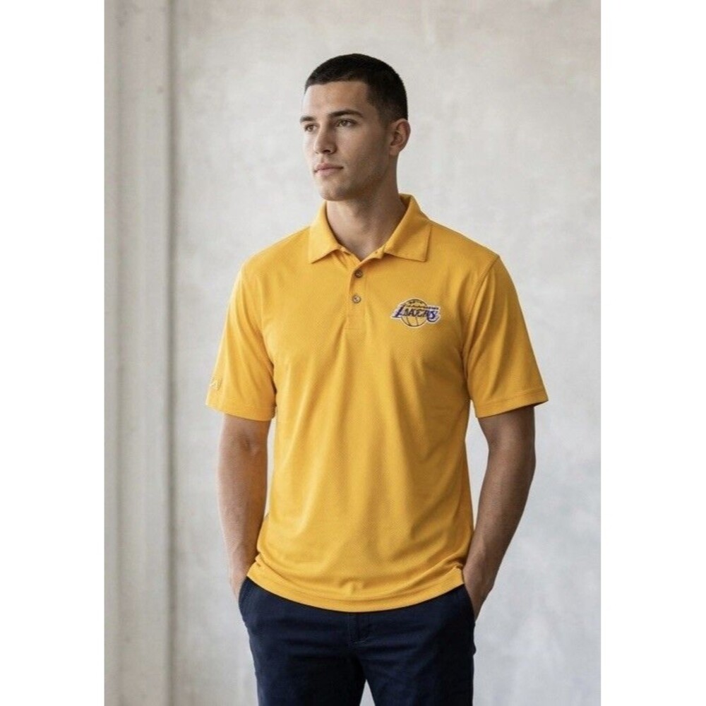Antigua Men Medium LA Lakers Polo Shirt Desert Dry Gold Yellow Short Sleeve